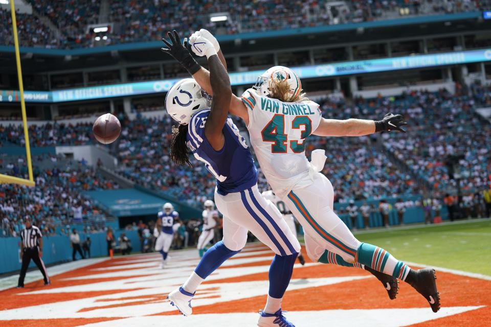 Miami Dolphins outside linebacker Andrew Van Ginkel (43) prevents Indianapolis Colts tight end Mo Alie-Cox (81) from catching a pass in the end zone, during the first half of an NFL football game, Sunday, Oct. 3, 2021, in Miami Gardens, Fla. (AP Photo/Lynne Sladky)