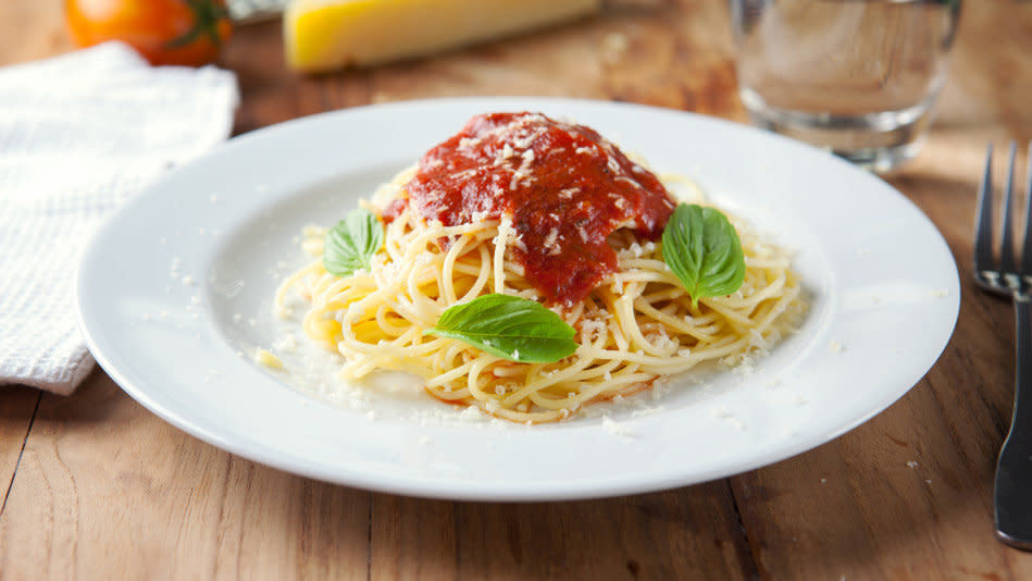 Pasta topped with <a href="https://ndb.nal.usda.gov/ndb/foods/show/19434?manu=&amp;fgcd=&amp;ds=" target="_blank">1/2 cup of jarred tomato sauce</a>: 8 grams. <br /><br />Pasta sauce is one of those sneaky sugar sources we often talk about. Not all brands are high in the sweet stuff though, so check the label before you put it in your shopping cart. Or better yet, make your own.