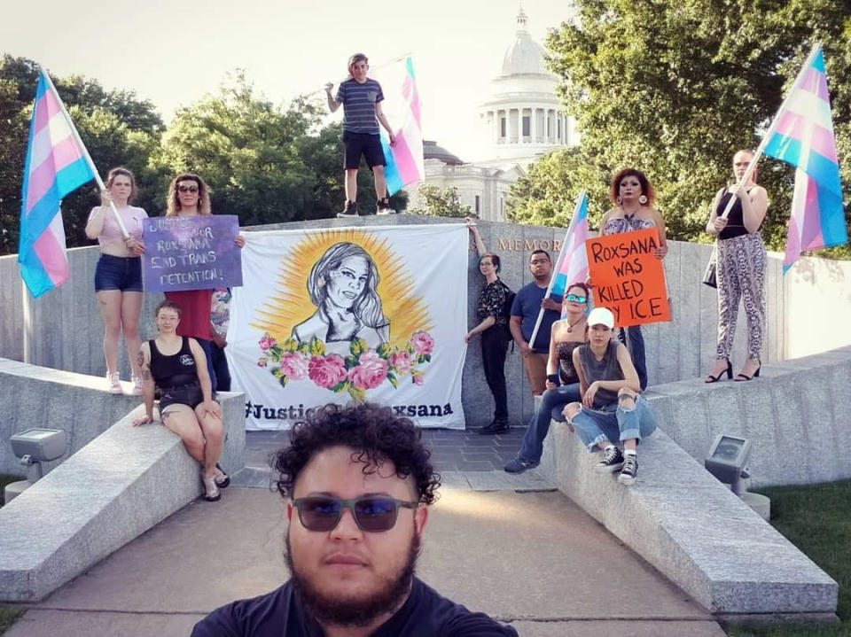 Supporters of Intransitive protest the death of Roxsana Hernandez, a transgender woman from Honduras who died in ICE custody in 2018. (Rumba Yambú)