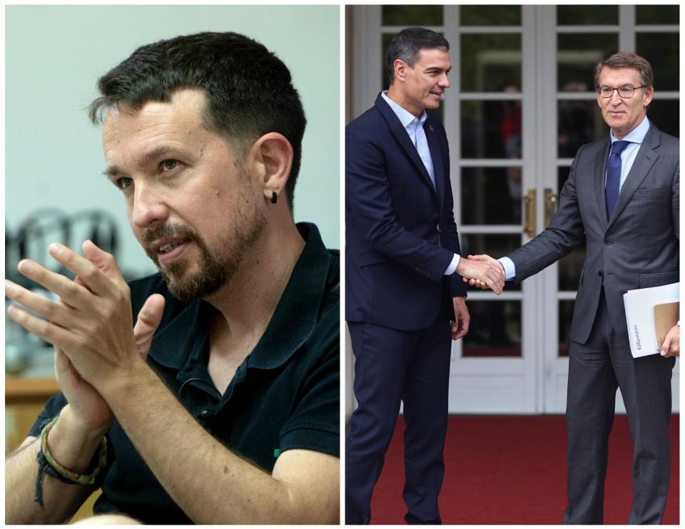 Pablo Iglesias, exvicepresidente del gobierno, y Pedro Sánchez y Alberto Núñez Feijóo durante su reunión en La Moncloa el 10 de octubre. (Foto: Alberto Ortega / Europa Press / Getty Images / Eduardo Parra / Europa Press / Getty Images).