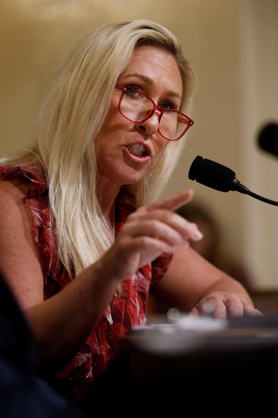 Rep. Marjorie Taylor Greene, R-Ga., questions Homeland Security Secretary Alejandro Mayorkas as he testifies April 16 before the House Homeland Security committee about the Biden administration's budget request.