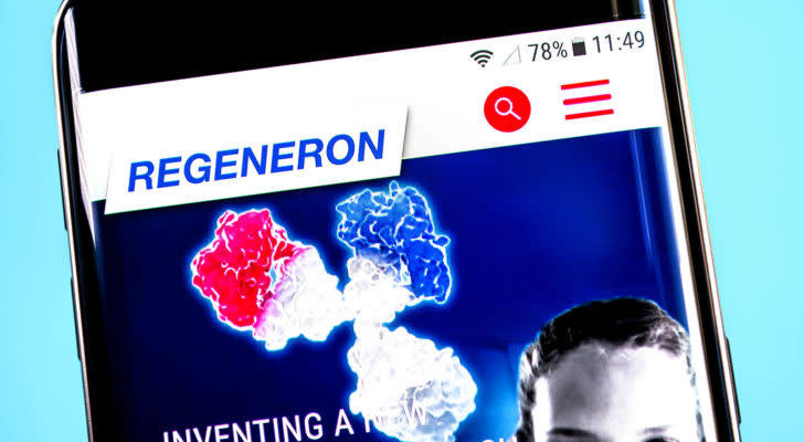 The Regeneron (REGN) website is displayed on a smartphone screen over a blue background.