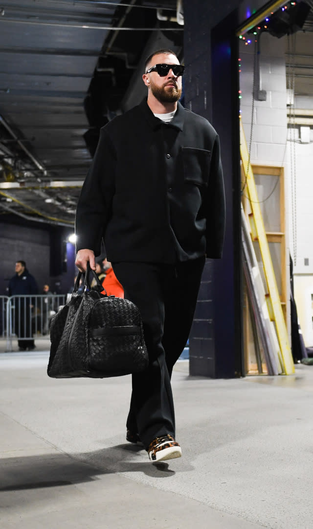 FOXBORO, MA – DECEMBER 17: Travis Kelce #87 of the Kansas City Chiefs arrives prior to the start of the game against the New England Patriots at Gillette Stadium on December 17, 2023 in Foxboro, Massachusetts. <em>Photo by Kathryn Riley/Getty Images.</em>