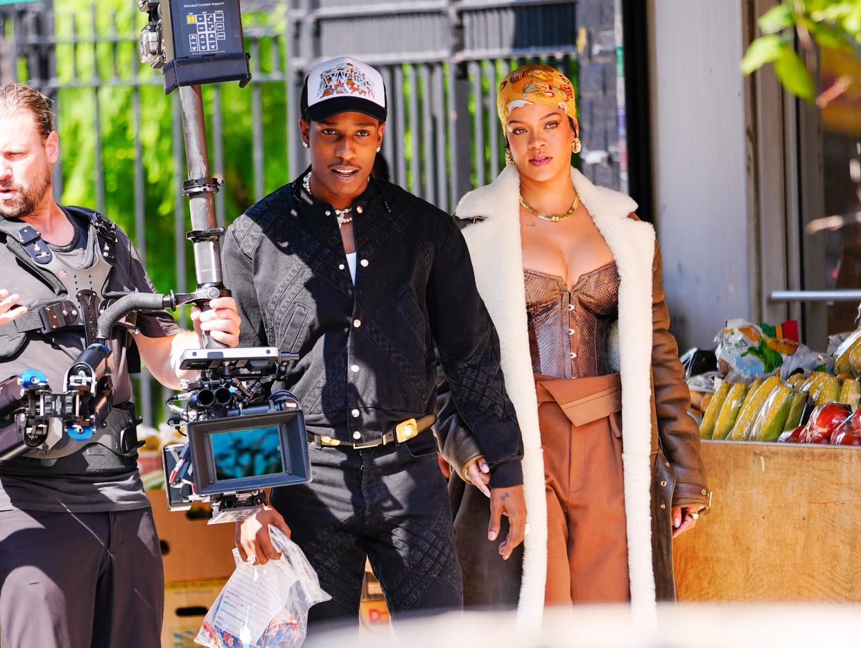Rihanna and A$AP Rocky are seen on set for a music video on July 10, 2021, in New York City.