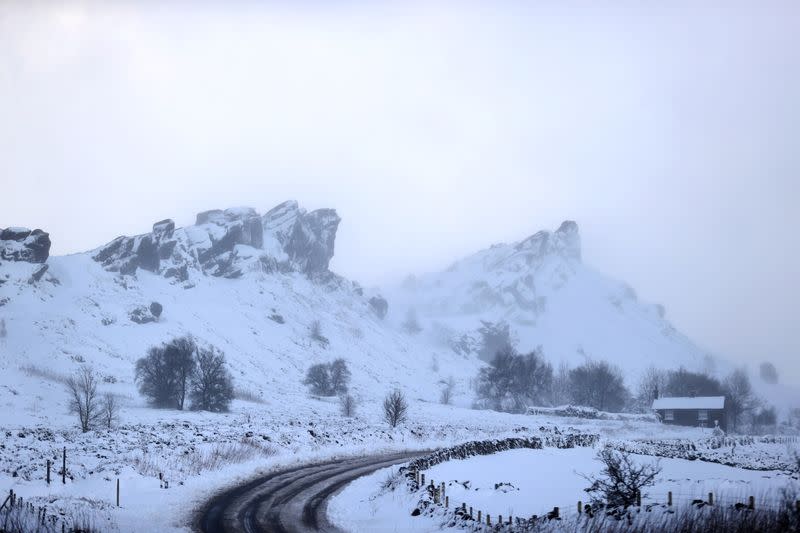 A general view of the Staffordshire Moorlands that has been covered in snow from Storm Arwen, in Leek