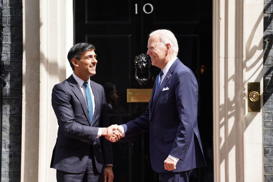 Prime Minister Rishi Sunak greets US President Joe Biden outside 10 Downing Street, London, before a meeting in October 2023 (PA)