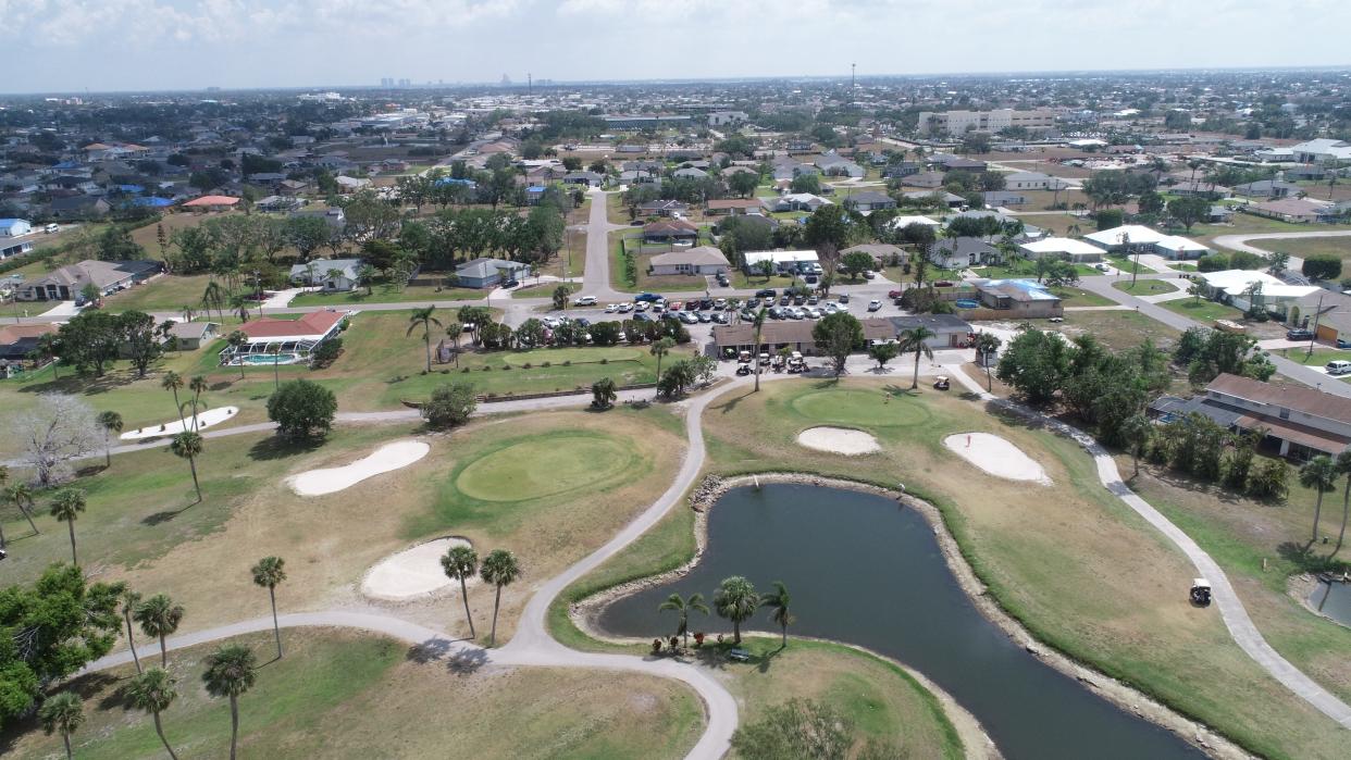 This aerial image of Hunter Run's Golf Club in Cape Coral was photographed Tuesday, March 28, 2023. A possible 650-unit apartment complex could be coming to Cape Coral, which will be built over the golf club. Residents of the surrounding homes are against this development and getting ready to oppose the zoning change. 