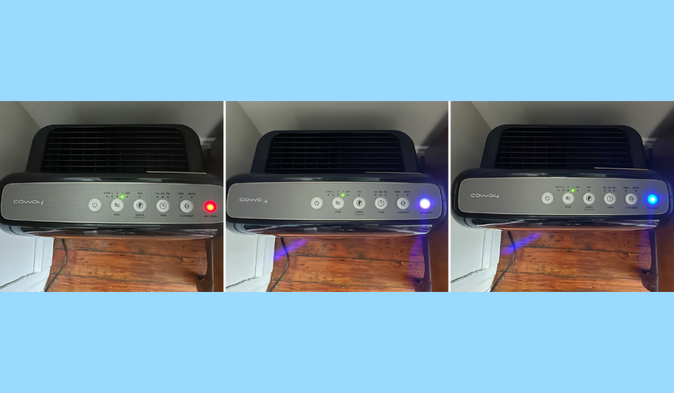 author's series of photos showing the coway airmega's light going from red, to purple, to blue, indicating an improvement in air quality