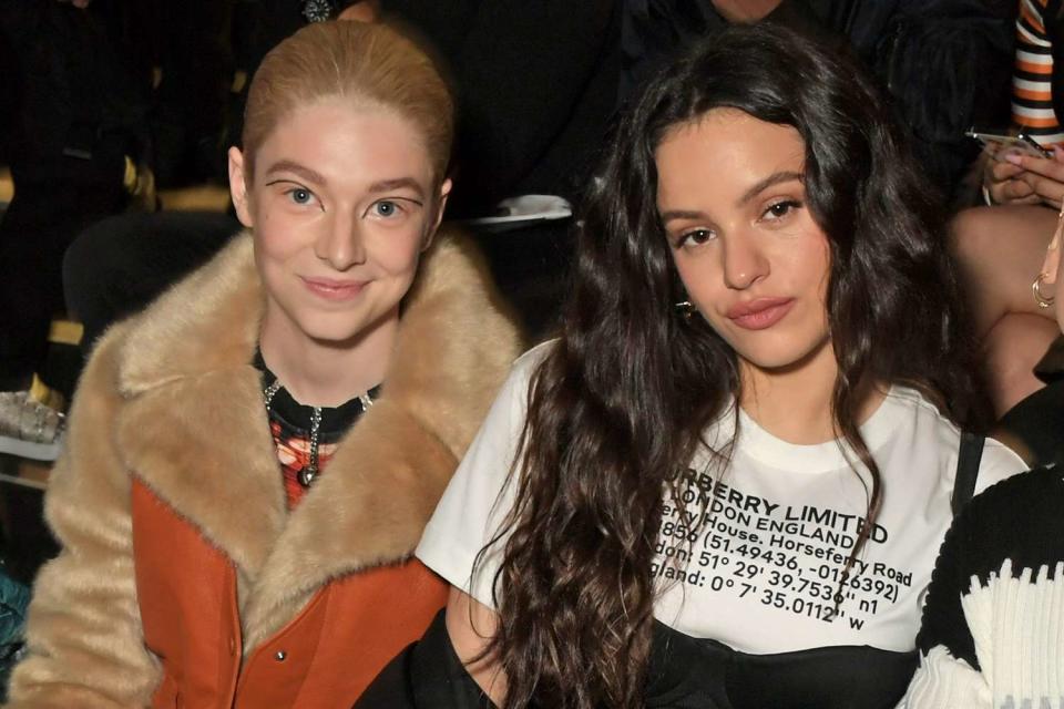 <p>Dave Benett/Getty </p> Hunter Schafer and Rosalía at London Fashion Week in September 2019