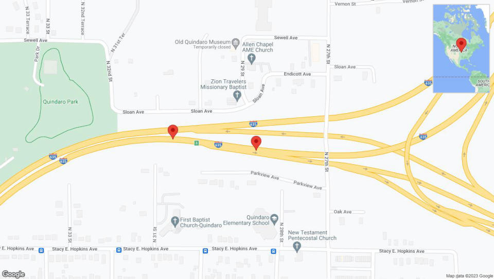 A detailed map that shows the affected road due to 'Warning in Kansas City: Crash reported on northbound I-635' on December 27th at 6:14 p.m.