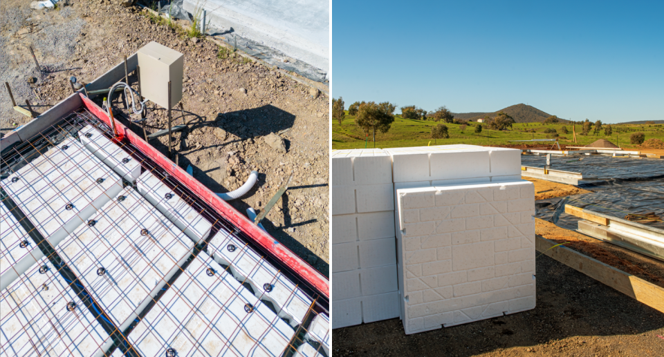 Images of large blocks called 'waffle pods' at construction sites.