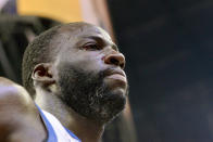 Blood is visible on the face of Golden State Warriors forward Draymond Green during the first half of Game 2 of the team's second-round NBA basketball playoff series against the Memphis Grizzlies on Tuesday, May 3, 2022, in Memphis, Tenn. (AP Photo/Brandon Dill)