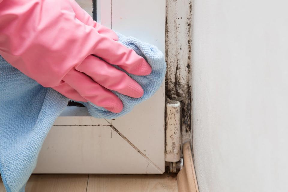 Wiping down window sills with pink glove and cloth. 