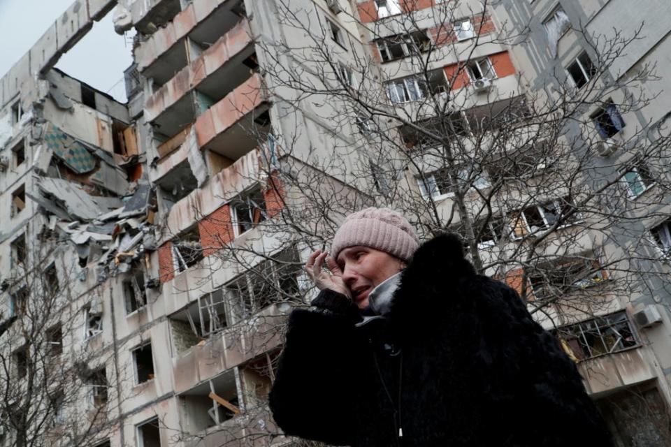 A block of destroyed flats in the besieged southern port city of Mariupol (Reuters)