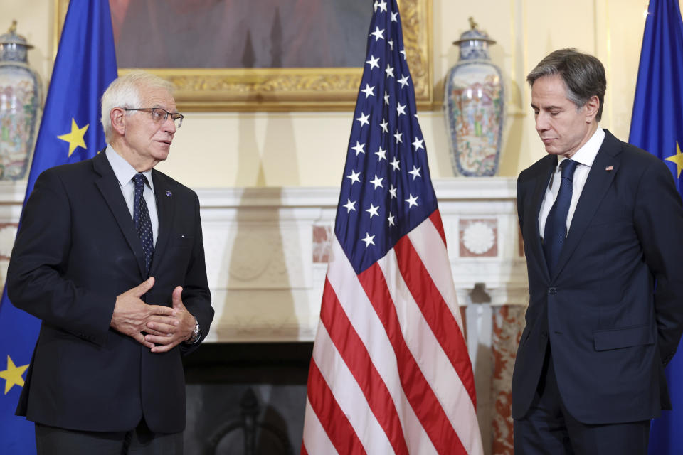 Secretary of State Antony Blinken and European Union High Representative Josep Borrell speak to reporters at the State Department in Washington, Thursday, Oct. 14, 2021. (Jonathan Ernst/Pool via AP)