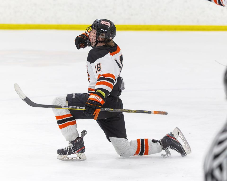 Cam Duffany celebrates his double-overtime goal that gave Brighton a 3-2 victory over Livonia Stevenson in a state Division 1 hockey quarterfinal Saturday, March 4, 2023.