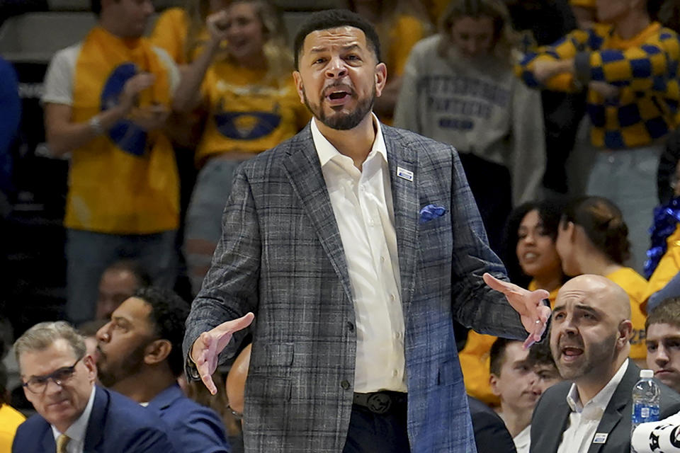 Pittsburgh head coach Jeff Capel calls out to his team as they take on Miami during the first half of an NCAA college basketball game in Pittsburgh, Saturday, Jan. 28, 2023. (AP Photo/Matt Freed)