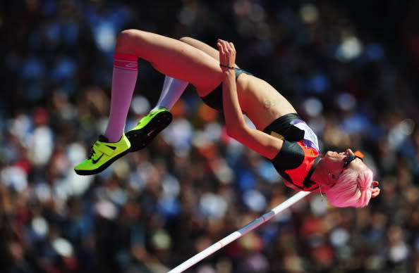 LONDON, ENGLAND - AUGUST 09: Ariane Friedrich of Germany competes during the Women's High Jump qualification on Day 13 of the London 2012 Olympic Games at Olympic Stadium on August 9, 2012 in London, England. (Photo by Stu Forster/Getty Images)