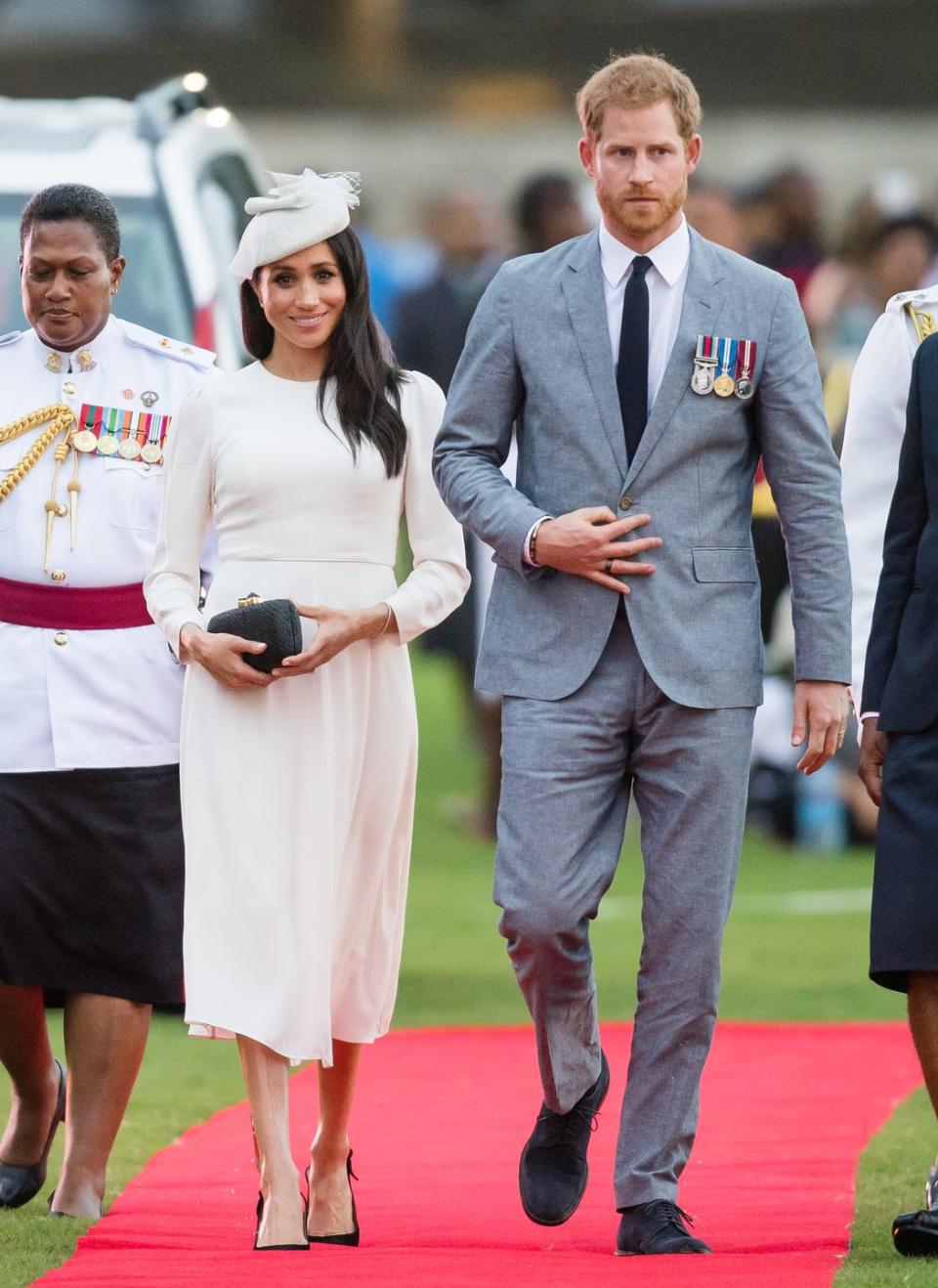 <p>The royal couple arrives at Suva's Albert Park for the official welcome ceremony.</p>