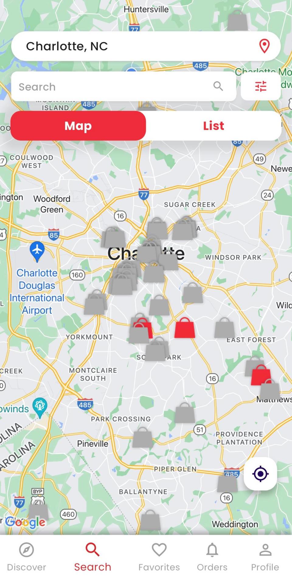 A map of participating restaurants in Charlotte that are available on the Goodie Bag platform.