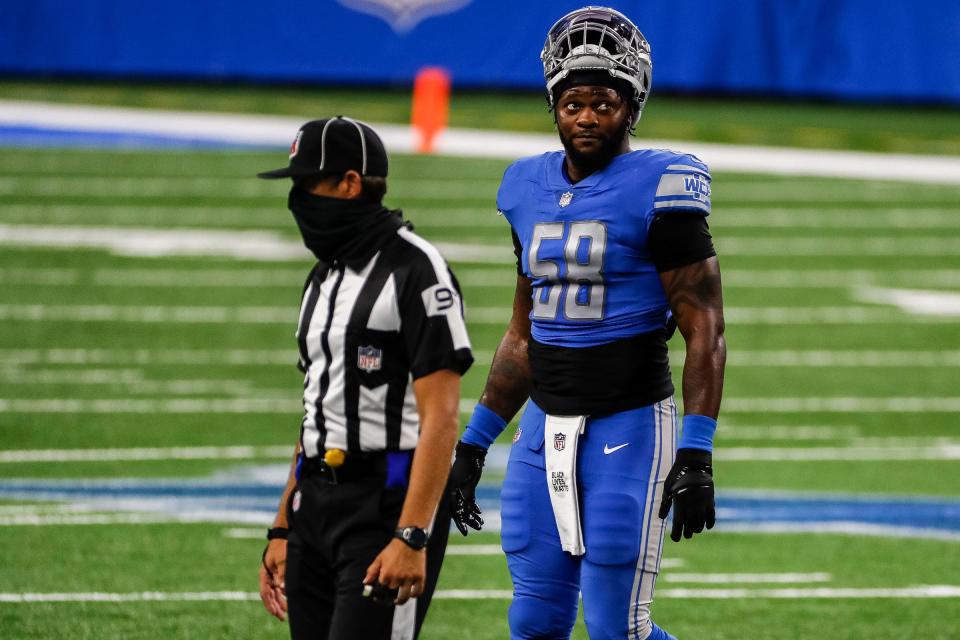 Detroit Lions outside linebacker Jamie Collins (58) walks off the field after being ejected during first half of the season opener against the Chicago Bears, Sunday, Sept. 13, 2020.