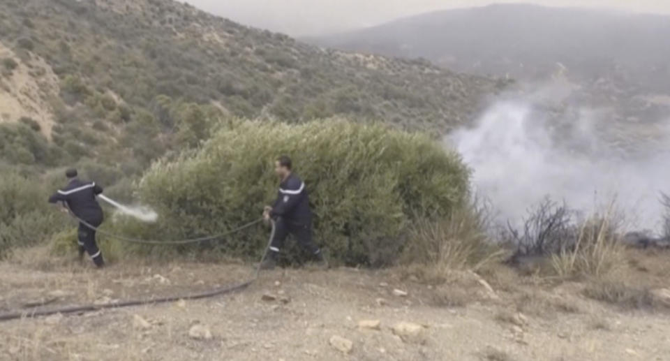 In this image taken from video, a wildfire burns in Zbarbar, Bouira Province, Algeria, Monday, July 24, 2023. Wildfires raging across Algeria have killed multiple people as they burn in scorching temperatures and high winds. (AP Photo)