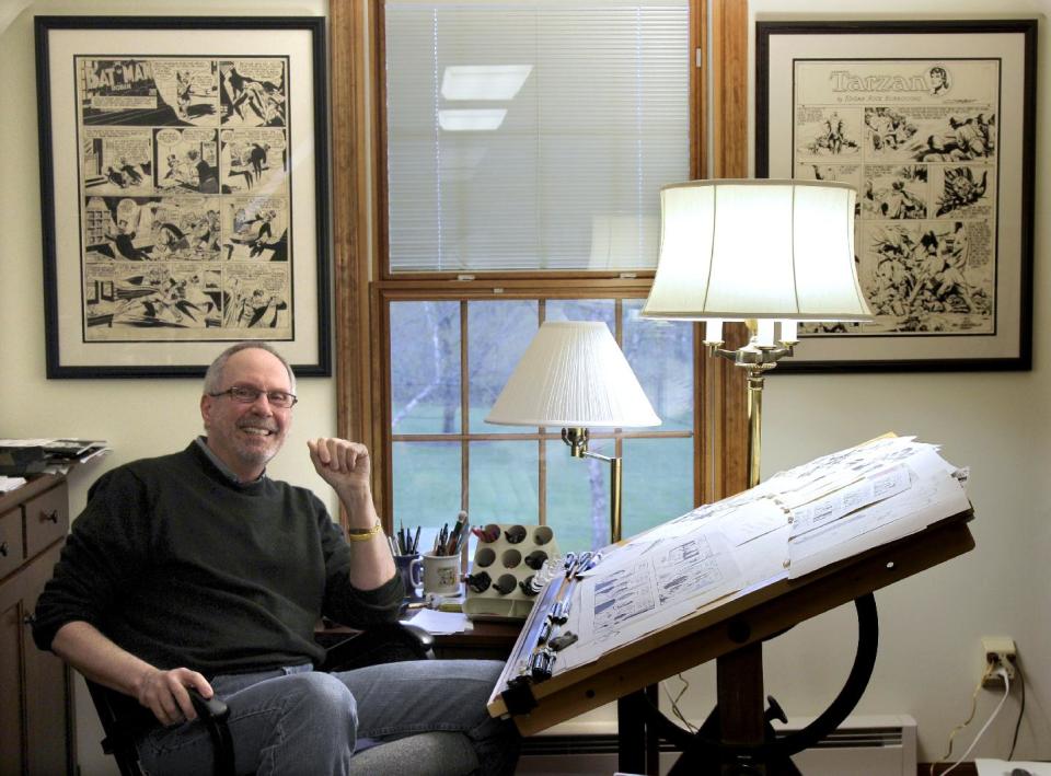 In this April 10, 2012 photo, cartoonist Tom Batiuk, creator of the successful comic strip Funky Winkerbean, poses for a portrait in his studio at his Medina, Ohio home. Like aging baby boomers, the cartoon strip Funky Winkerbean and its creator Batiuk have turned gray with life's ups and downs in a 40-year run on the funny pages. (AP Photo/Amy Sancetta)