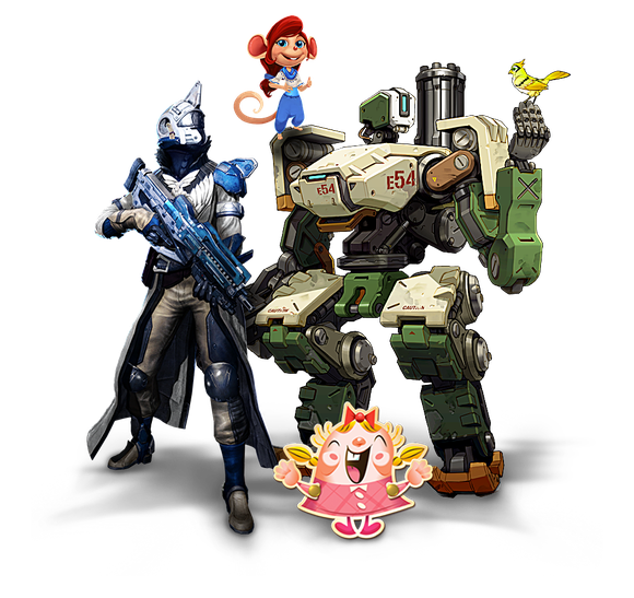 Four characters from four different Activision Blizzard series (Overwatch, Destiny, Candy Crush, and Hearthstone) standing together.