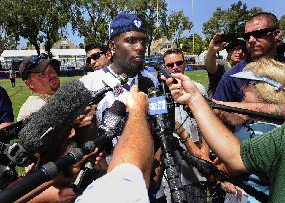 Dallas Cowboys wide receiver Dez Bryant talks to members of the media after morning practice during NFL football training camp, Friday, July 25, 2014, in Oxnard, Calif. (AP Photo/Gus Ruelas)