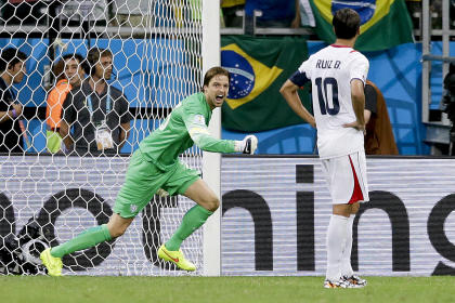 Netherlands' goalkeeper Tim Krul celebrates after saving a penalty against Costa Rica on Saturday. (AP)