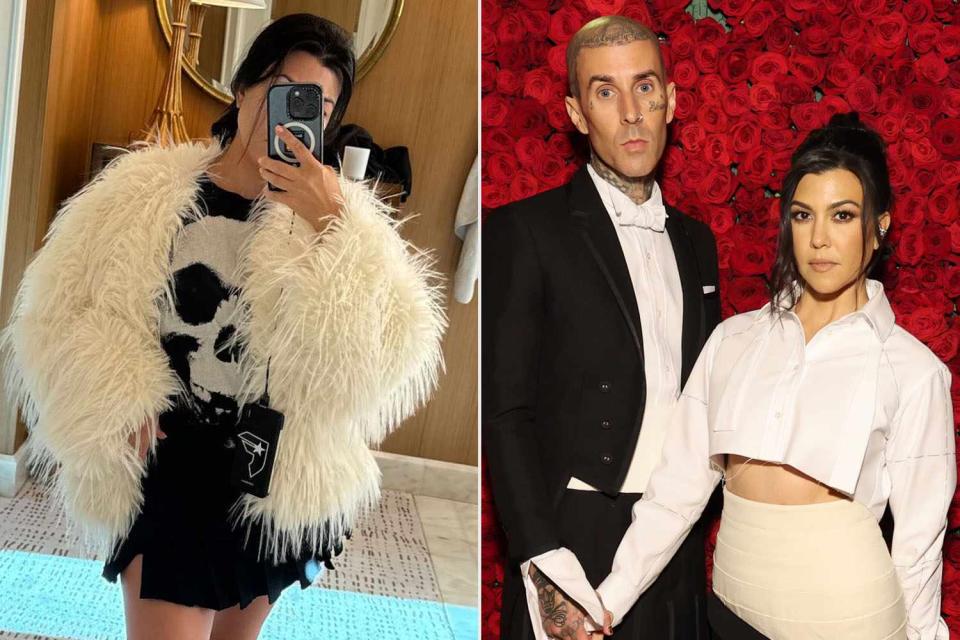 <p>kourtney kardashian/instagram; Cindy Ord/MG22/Getty</p> Kourtney Kardashian in Las Vegas (left) with Travis Barker at the 2022 Met Gala (right)