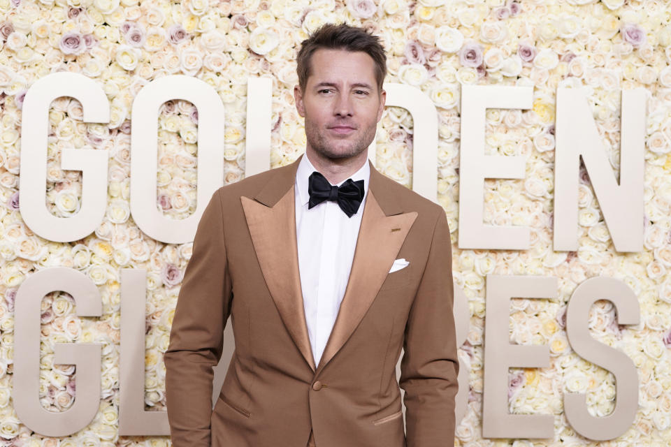 Justin Hartley arrives at the 81st Golden Globe Awards on Sunday, Jan. 7, 2024, at the Beverly Hilton in Beverly Hills, Calif. (Photo by Jordan Strauss/Invision/AP)
