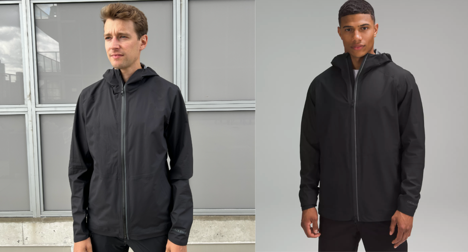 split screen of blonde man wearing black rain jacket, Lululemon's Precipitation Jacket is a great exercise jacket choice (photos via author & lululemon)