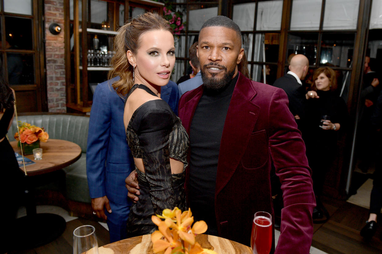 WEST HOLLYWOOD, CALIFORNIA - NOVEMBER 14: (L-R) Kate Beckinsale and Jamie Foxx attend the Hollywood Foreign Press Association and The Hollywood Reporter Celebration of the 2020 Golden Globe Awards Season and Unveiling of the Golden Globe Ambassadors at Catch on November 14, 2019 in West Hollywood, California. (Photo by Matt Winkelmeyer/Getty Images for The Hollywood Reporter)