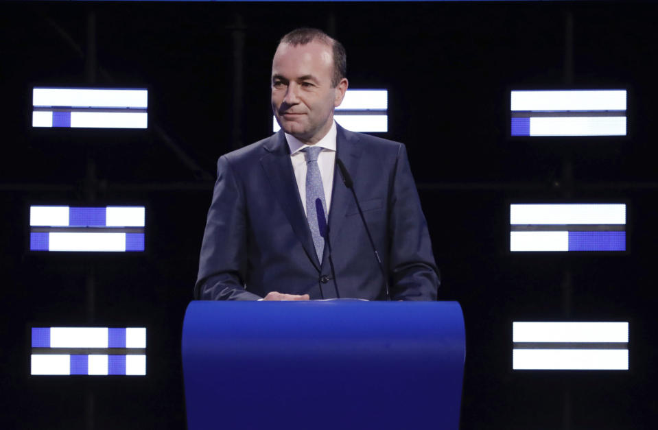 Candidate to the presidency of the European Commission, Germany's Manfred Weber speaks at the European Parliament in Brussels, Monday, May 27, 2019. From Germany and France to Cyprus and Estonia, voters from 21 nations went to the polls Sunday in the final day of a crucial European Parliament election that could see major gains by the far-right, nationalist and populist movements that are on the rise across much of the continent. (AP Photo/Olivier Matthys)