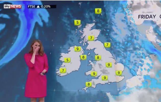 Viewers had no idea what the weather woman was laughing at. Photo: Sky News