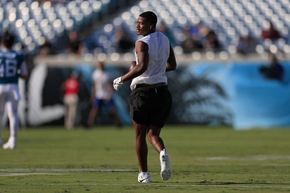 Jacksonville Jaguars cornerback Tyson Campbell (32) warms up before the game of a preseason matchup Saturday, Aug. 26, 2023 at EverBank Stadium in Jacksonville, Fla. [Corey Perrine/Florida Times-Union]