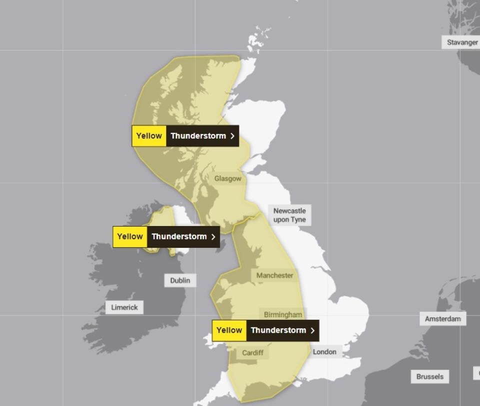 The Met Office has issued three yellow warnings for thunderstorms on Sunday (Met Office)