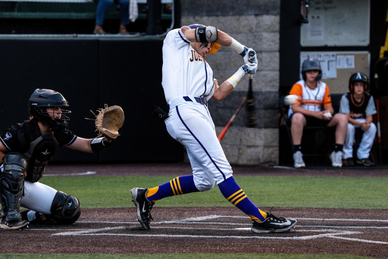 Johnston's Adam Kayko (2) bats during the 3A state baseball championships at Duane Banks Field on Friday, July 21, 2023 in Iowa City.