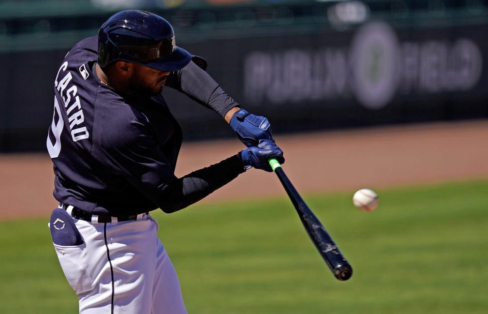 Detroit Tigers shortstop Willi Castro doubles in a run  during the 1st inning of the spring training game against the Toronto Blue Jays at Publix Field at Joker Marchant Stadium, March 7, 2021 in Lakeland, Fla.