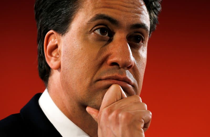 FILE PHOTO: Britain's opposition Labour Party leader Ed Miliband listens to a question from supporters at Memorial Hall in Barry