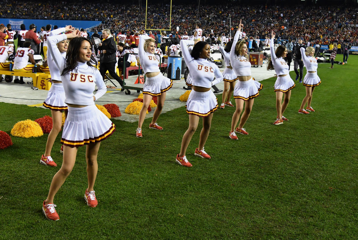 USC Trojans cheerleaders on the field during the 2019 Holiday Bowl