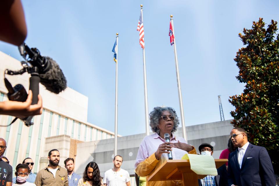 Executive Director of People's Alliance for Transit, Housing and Employment Jacki Sims speaks during a press conference held by PATHE outside the Justice A. A. Birch Building in Nashville, Tenn., on Wednesday, July 28, 2021. 