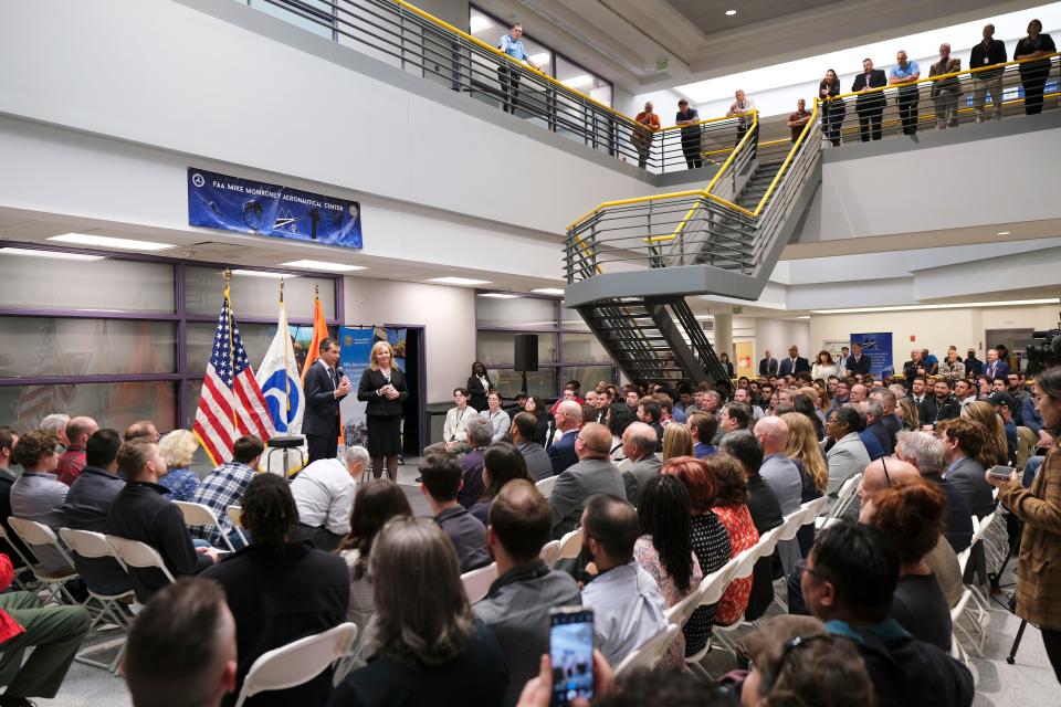 U.S. Transportation Secretary Pete Buttigieg takes part in a town hall meeting with students and employees on Thursday after his tour of the Mike Monroney Aeronautical Center.