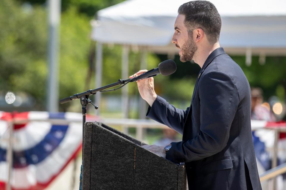 Dearborn Mayor Abdullah Hammoud speaks after the 96th Memorial Day Parade along Michigan Avenue in Dearborn on Monday, May 30, 2022.