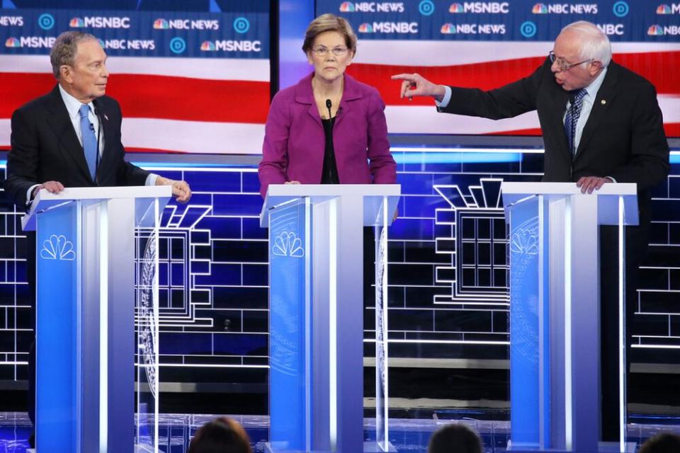 From left: Mike Bloomberg, Sen. Elizabeth Warren and Sen. Bernie Sanders during Wednesday's Democratic debate in Las Vegas | Mario Tama/Getty