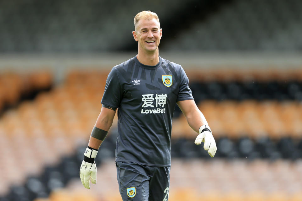 BURSLEM, ENGLAND - JULY 20: Burnley goalkeeper Joe Hart smiles during the Pre-Season Friendly match between Port Vale and Burnley at Vale Park on July 20, 2019 in Burslem, England. (Photo by Simon Stacpoole/Offside/Offside via Getty Images)
