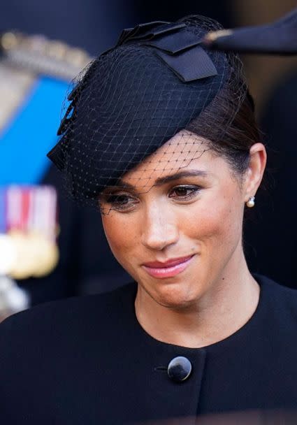 PHOTO: Meghan, Duchess of Sussex leaves the Westminster Hall, at the Palace of Westminster,   where the coffin of Queen Elizabeth II, will Lie in State on a Catafalque, in London, Sept. 14, 2022. (Danny Lawson/POOL/AFP via Getty Images)