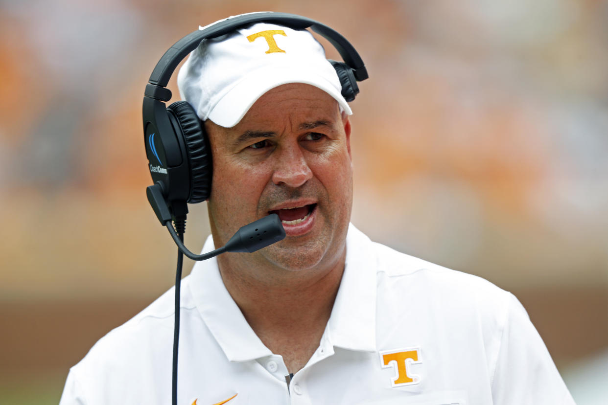 FILE - In this Sept. 14, 2019, file photo, Tennessee head coach Jeremy Pruitt yells to his players during an NCAA college football game against Chattanooga in Knoxville, Tenn. Pruitt said he canceled Friday's practice for No. 25 Tennessee due to a 