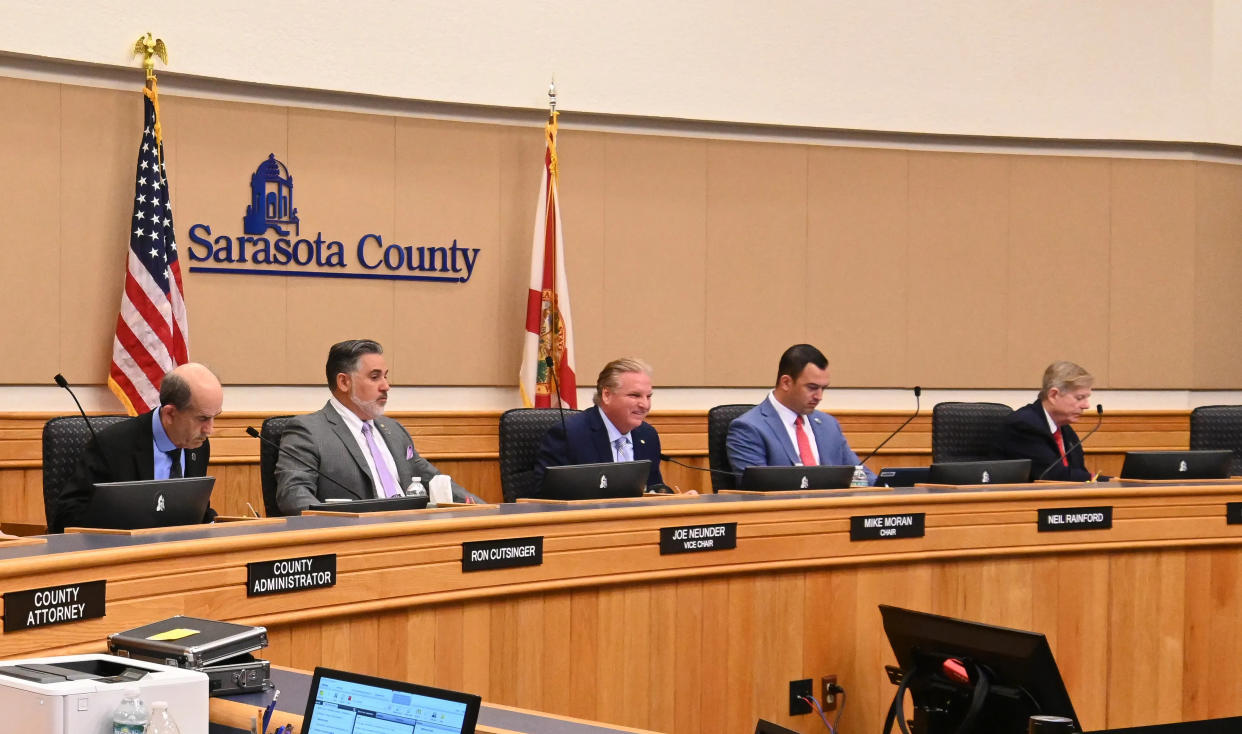 The five members of the Sarasota County Commission are Ron Cutsinger, left, Joe Neunder, Mike Moran, Neil Rainford and Mark Smith.